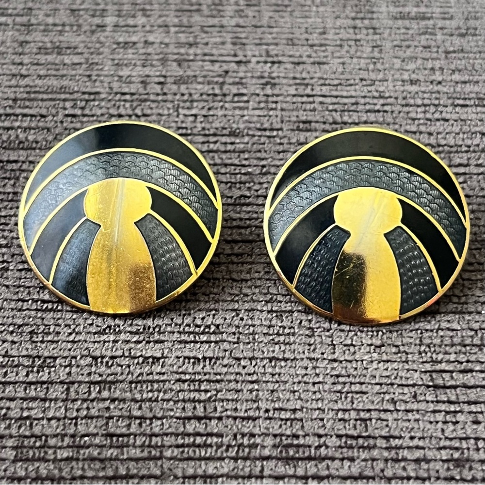 Vintage Gold Tone and Black/Grey Enamel Earrings